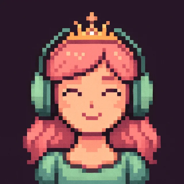 Pixel-art portrait of Ellie Augustini wearing a crown and mint headphones